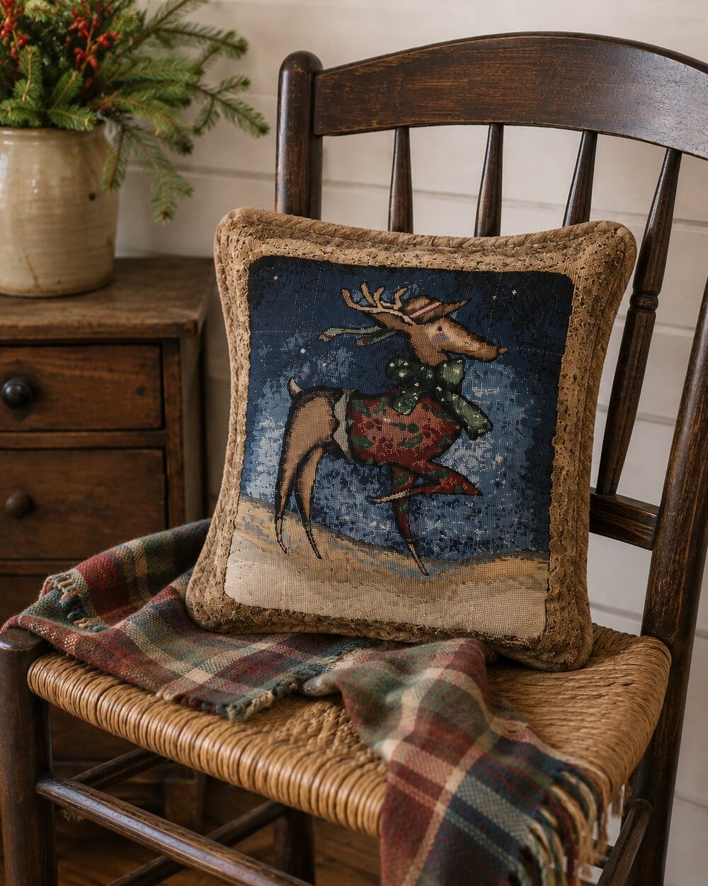 Reindeer Wearing Hat and Sweater Tapestry Chenille  Cottage Cabin